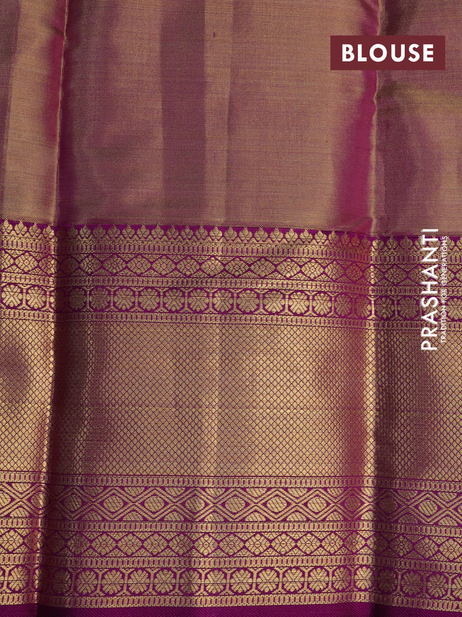 Pure kanchipuram tissue silk saree gold and deep purple with allover silver zari woven geometric weaves and zari woven border