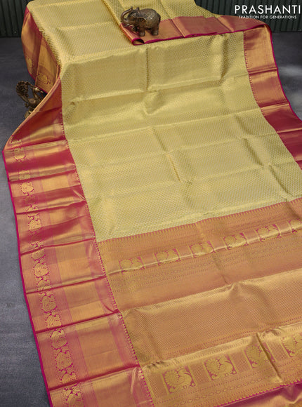 Pure kanchipuram tissue silk saree sandal and pink with allover zari woven geometric weaves and long annam zari woven border