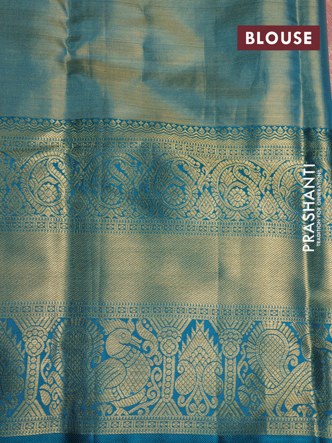 Pure kanchipuram tissue silk saree dual shade of peach pink and teal blue with allover zari woven geometric weaves and long annam zari woven border