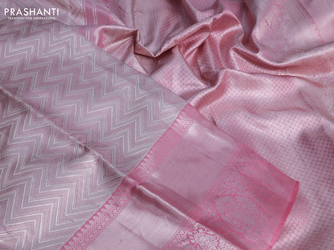 Pure kanchipuram tissue silk saree light pink with allover silver zari woven geometric weaves and long silver zari woven border