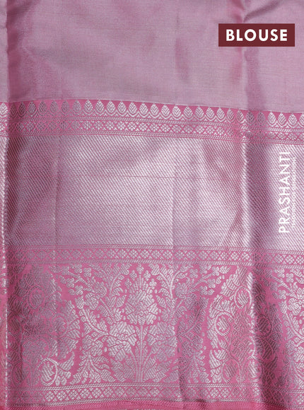 Pure kanchipuram tissue silk saree light pink with allover silver zari woven geometric weaves and long silver zari woven border