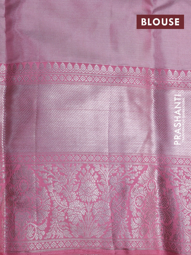 Pure kanchipuram tissue silk saree light pink with allover silver zari woven geometric weaves and long silver zari woven border