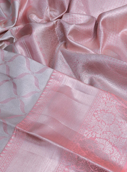 Pure kanchipuram tissue silk saree pastel grey and peach pink with allover silver zari weaves and long silver zari woven border