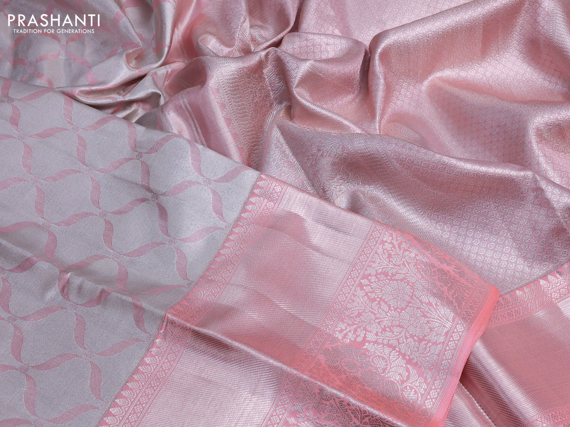 Pure kanchipuram tissue silk saree pastel grey and peach pink with allover silver zari weaves and long silver zari woven border