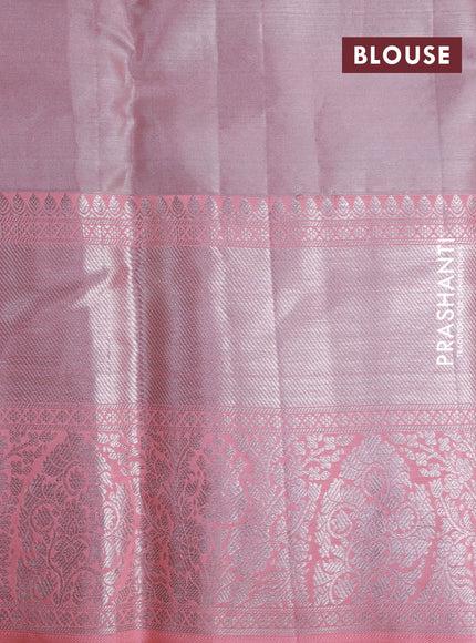 Pure kanchipuram tissue silk saree pastel grey and peach pink with allover silver zari weaves and long silver zari woven border