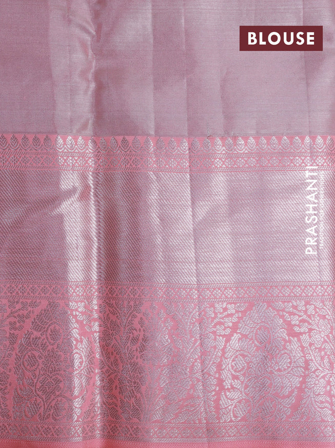 Pure kanchipuram tissue silk saree pastel grey and peach pink with allover silver zari weaves and long silver zari woven border