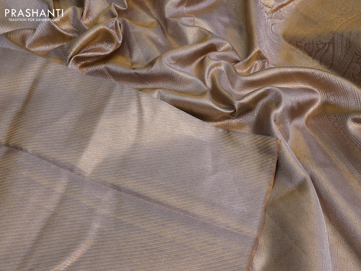 Pure kanchipuram tissue silk saree dual shade of gold with allover zari weaves in borderless style