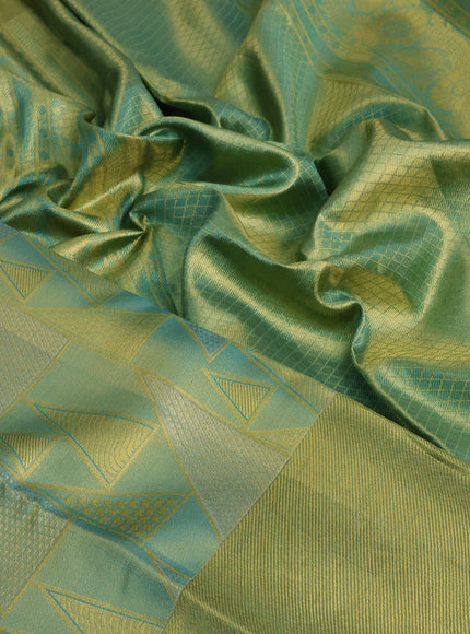 Pure kanchipuram tissue silk saree dual shade of teal blue with allover zari woven geometric weaves and zari woven border