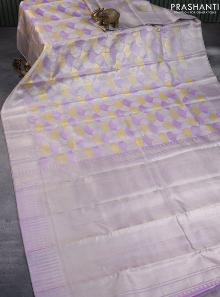 Pure kanchipuram tissue silk saree pastel grey with allover silver zari woven geometric weaves and silver zari woven border