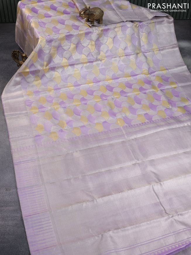 Pure kanchipuram tissue silk saree pastel grey with allover silver zari woven geometric weaves and silver zari woven border