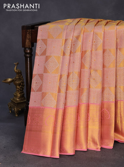 Pure kanchipuram tissue silk saree gold and peach pink with allover silver zari woven geometric weaves and long zari woven border