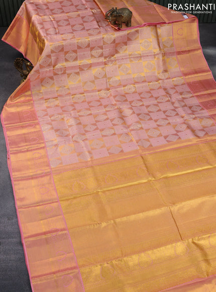 Pure kanchipuram tissue silk saree gold and peach pink with allover silver zari woven geometric weaves and long zari woven border