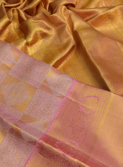 Pure kanchipuram tissue silk saree gold and peach pink with allover silver zari woven geometric weaves and long zari woven border