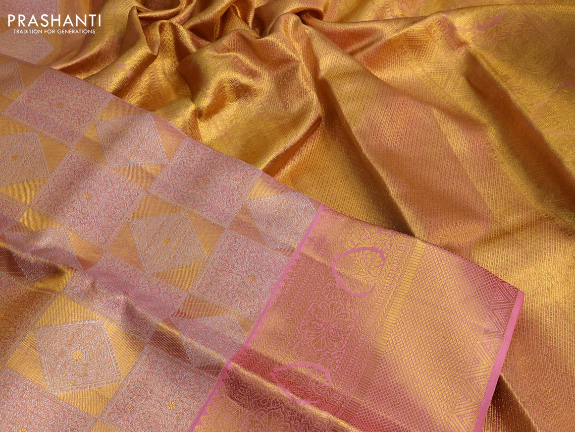 Pure kanchipuram tissue silk saree gold and peach pink with allover silver zari woven geometric weaves and long zari woven border