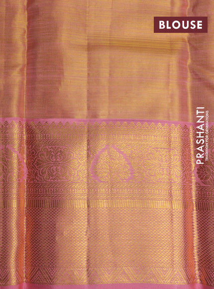 Pure kanchipuram tissue silk saree gold and peach pink with allover silver zari woven geometric weaves and long zari woven border