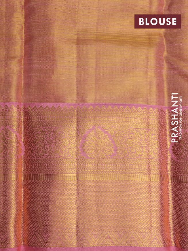 Pure kanchipuram tissue silk saree gold and peach pink with allover silver zari woven geometric weaves and long zari woven border