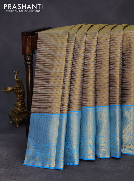 Pure kanchipuram tissue silk saree dual shade of blackish gold and cs blue with allover zari weaves and zari woven border