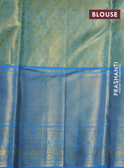 Pure kanchipuram tissue silk saree dual shade of blackish gold and cs blue with allover zari weaves and zari woven border