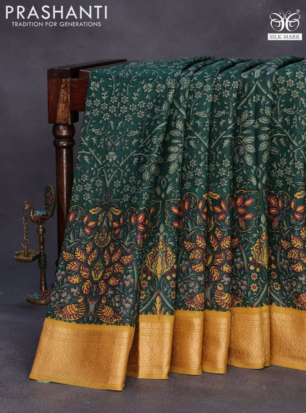 Printed silk saree green and mustard shade with allover prints and thread woven border