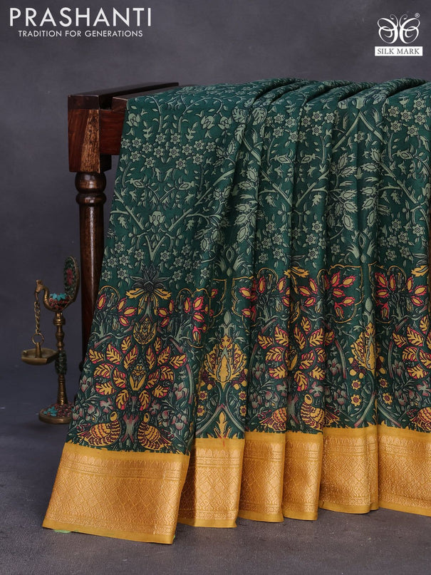 Printed silk saree green and mustard shade with allover prints and thread woven border