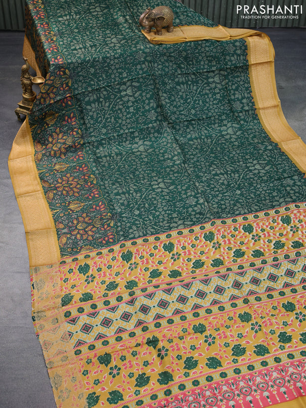 Printed silk saree green and mustard shade with allover prints and thread woven border