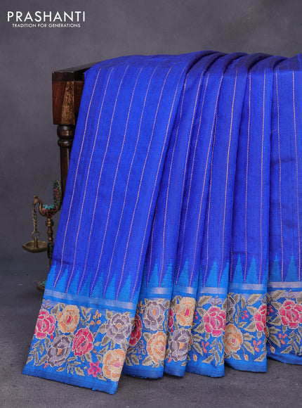 Pure dupion silk saree blue and cs blue with allover zari weaves and temple woven floral design embroidery work border