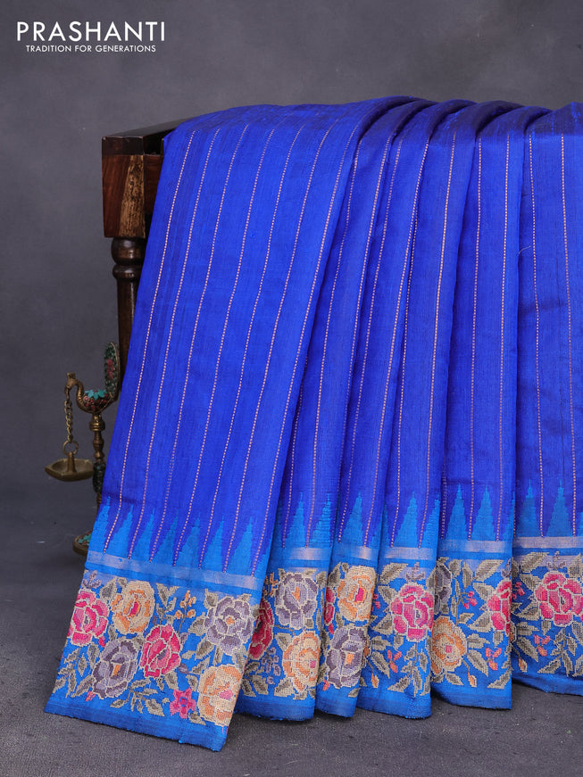 Pure dupion silk saree blue and cs blue with allover zari weaves and temple woven floral design embroidery work border