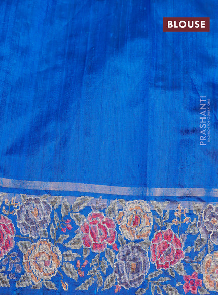 Pure dupion silk saree blue and cs blue with allover zari weaves and temple woven floral design embroidery work border