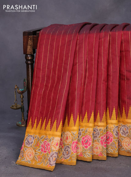 Pure dupion silk saree maroon and mustard yellow with allover zari weaves and temple woven floral design embroidery work border