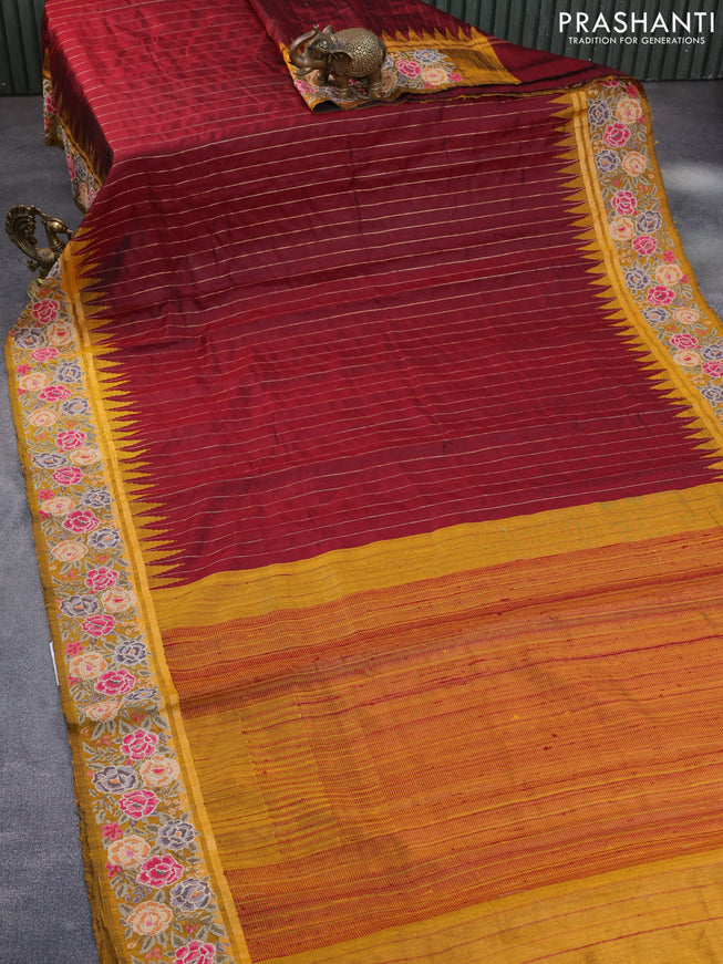 Pure dupion silk saree maroon and mustard yellow with allover zari weaves and temple woven floral design embroidery work border