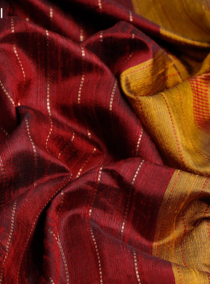 Pure dupion silk saree maroon and mustard yellow with allover zari weaves and temple woven floral design embroidery work border