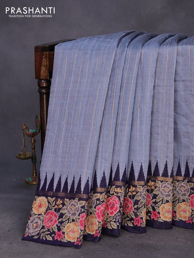 Pure dupion silk saree grey and dark blue with allover zari weaves and temple woven floral design embroidery work border