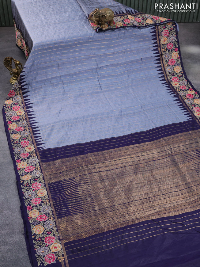 Pure dupion silk saree grey and dark blue with allover zari weaves and temple woven floral design embroidery work border