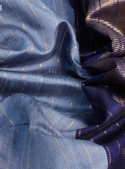 Pure dupion silk saree grey and dark blue with allover zari weaves and temple woven floral design embroidery work border