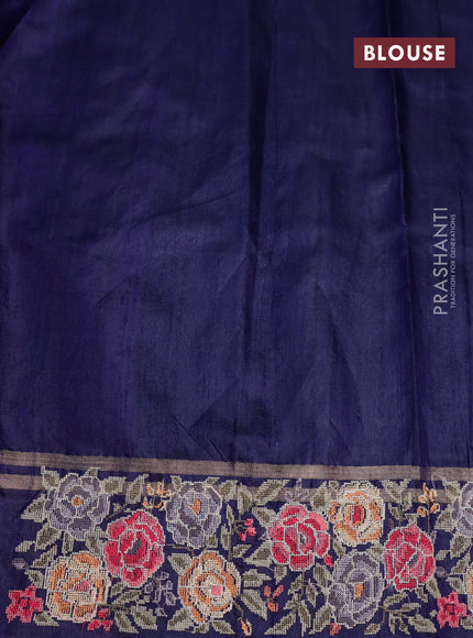 Pure dupion silk saree grey and dark blue with allover zari weaves and temple woven floral design embroidery work border