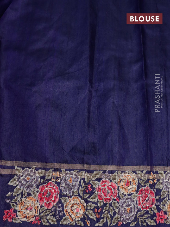 Pure dupion silk saree grey and dark blue with allover zari weaves and temple woven floral design embroidery work border