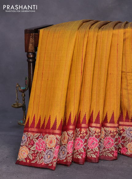 Pure dupion silk saree mustard yellow and maroon with allover zari weaves and temple woven floral design embroidery work border