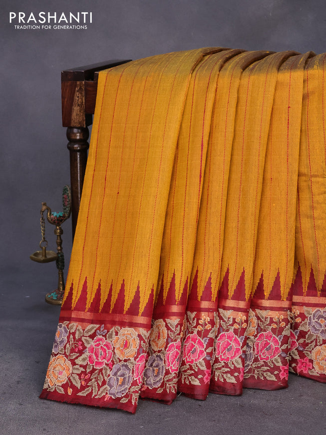 Pure dupion silk saree mustard yellow and maroon with allover zari weaves and temple woven floral design embroidery work border