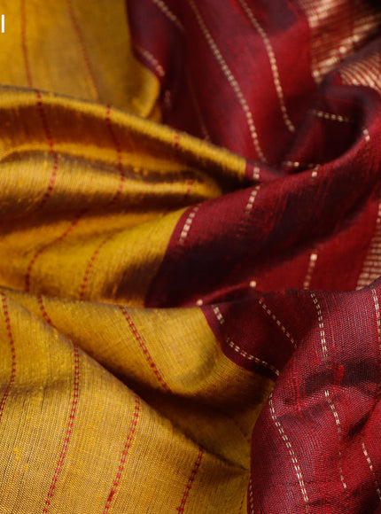 Pure dupion silk saree mustard yellow and maroon with allover zari weaves and temple woven floral design embroidery work border