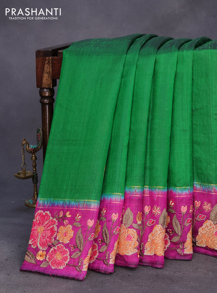 Pure dupion silk saree green and purple with zari woven buttas and floral deisgn embroidery work border