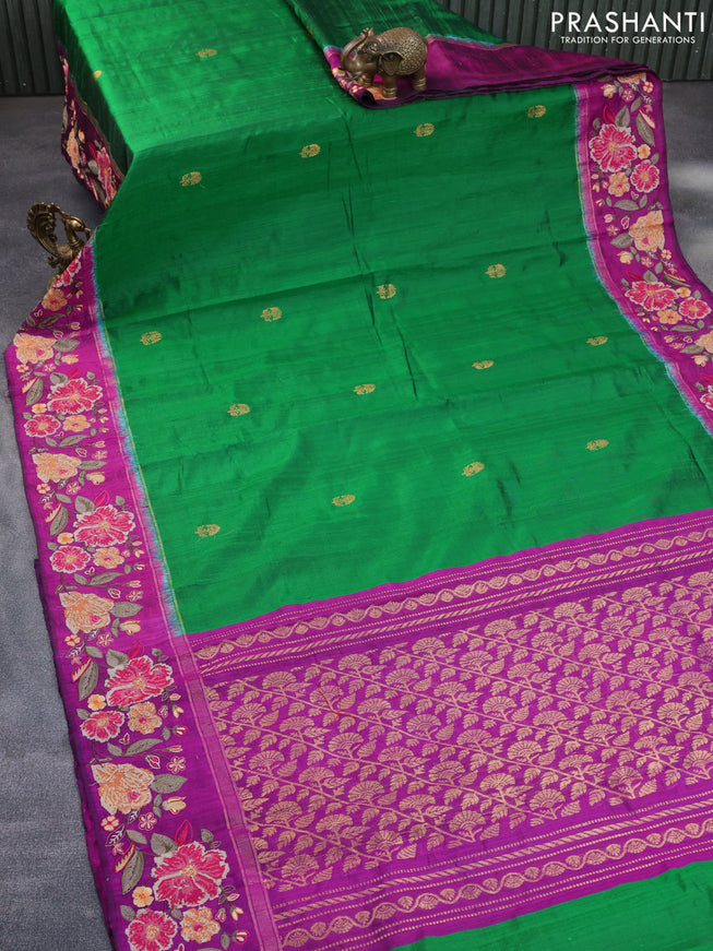 Pure dupion silk saree green and purple with zari woven buttas and floral deisgn embroidery work border