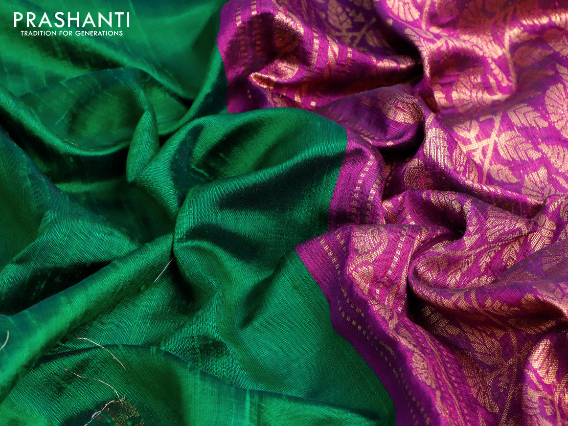 Pure dupion silk saree green and purple with zari woven buttas and floral deisgn embroidery work border