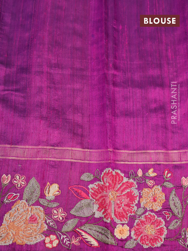 Pure dupion silk saree green and purple with zari woven buttas and floral deisgn embroidery work border