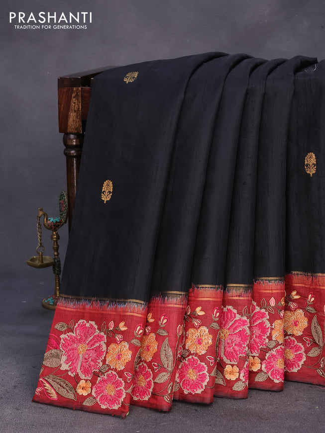 Pure dupion silk saree black and maroon with zari woven buttas and floral deisgn embroidery work border