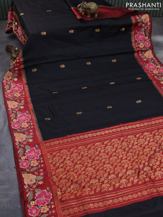 Pure dupion silk saree black and maroon with zari woven buttas and floral deisgn embroidery work border