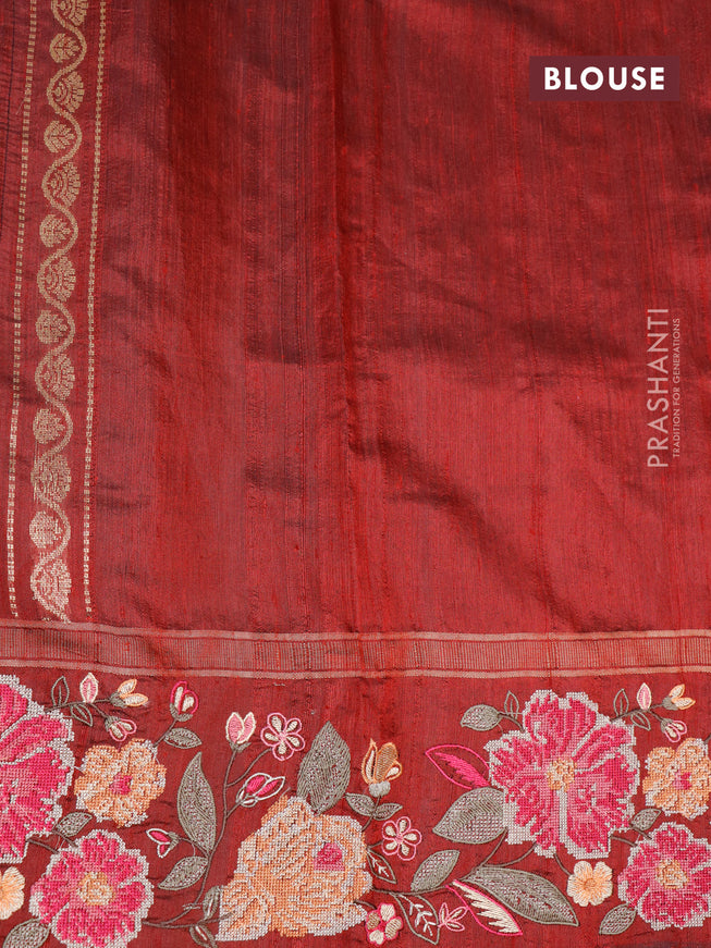 Pure dupion silk saree black and maroon with zari woven buttas and floral deisgn embroidery work border