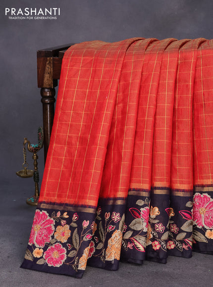 Pure dupion silk saree red and dark blue with allover zari checked pattern and floral deisgn embroidery work border