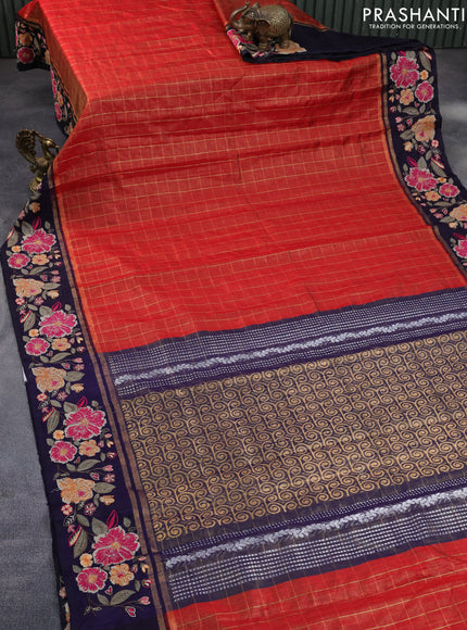 Pure dupion silk saree red and dark blue with allover zari checked pattern and floral deisgn embroidery work border