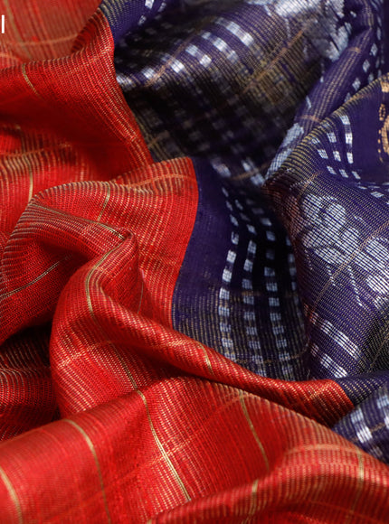 Pure dupion silk saree red and dark blue with allover zari checked pattern and floral deisgn embroidery work border