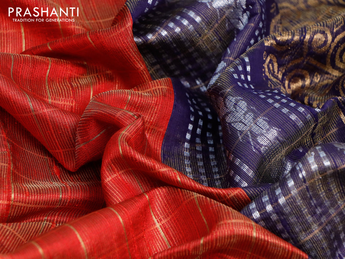 Pure dupion silk saree red and dark blue with allover zari checked pattern and floral deisgn embroidery work border